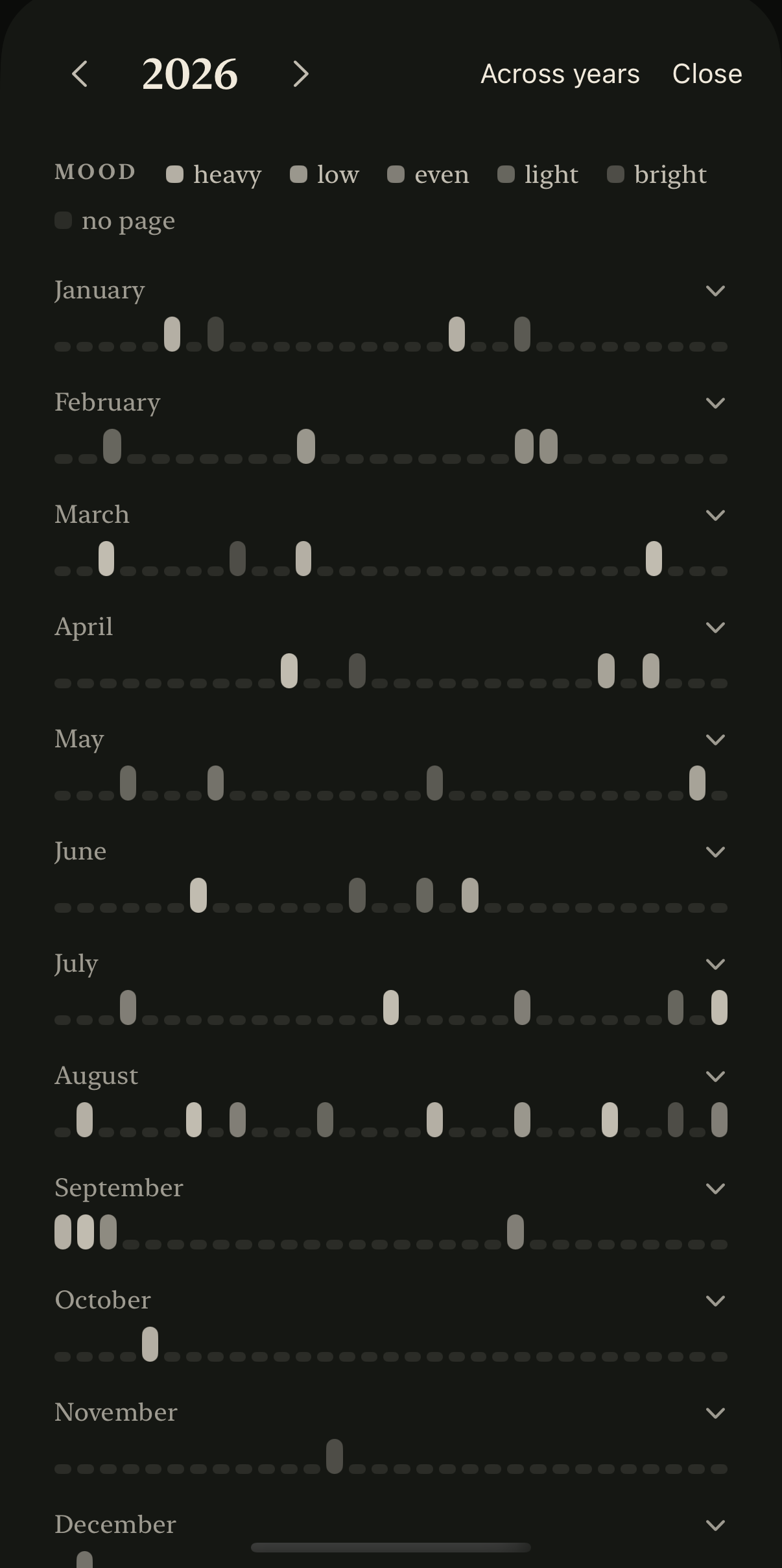 The Year view on iPhone in the Ink colorway, cream marks on ink